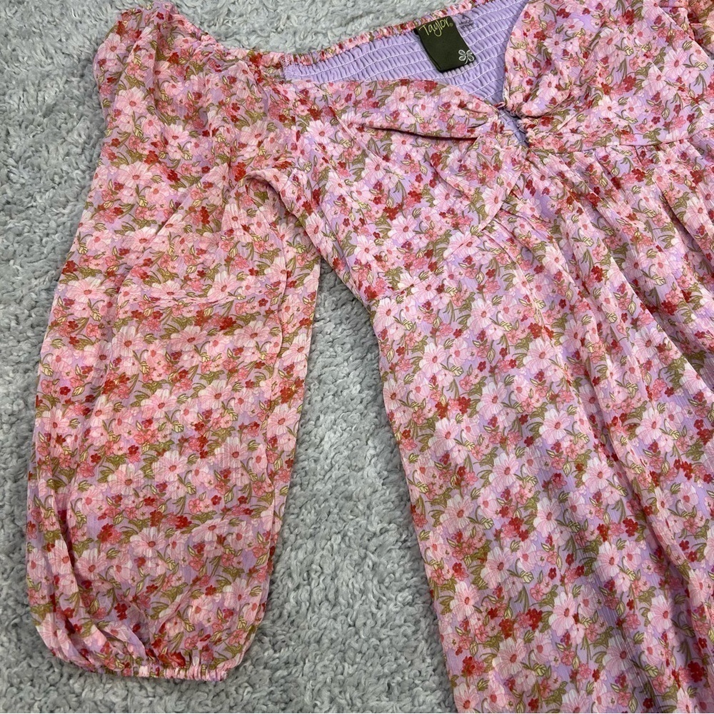 Taylor Dress Womens 4 Keyhole Detail Ruffled Hem Flowers Flowy Sheer Sleeves - Picture 3 of 5